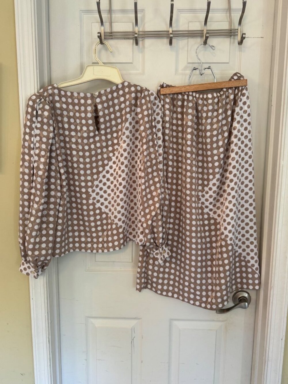 Vintage Hal Ferman Polka Dot Set Top Blouse Midi Skirt 8 Brown White Union Made - Picture 3 of 16